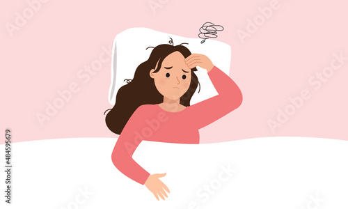 Young woman in bed feel stressed because of sleep problem. Flat vector cartoon design