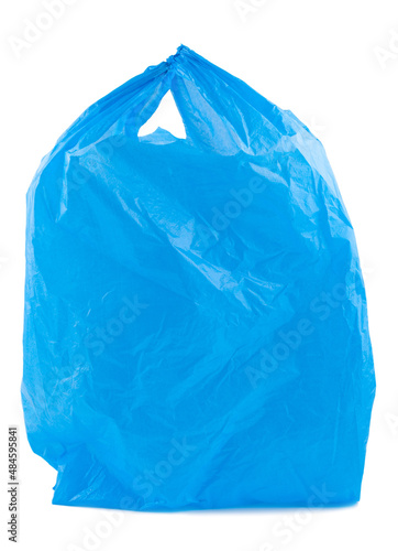 Blue plastic bag, empty purchases on a white background. Object is isolated on white background without shadows. Plastic bags are the cause of major environmental concerns