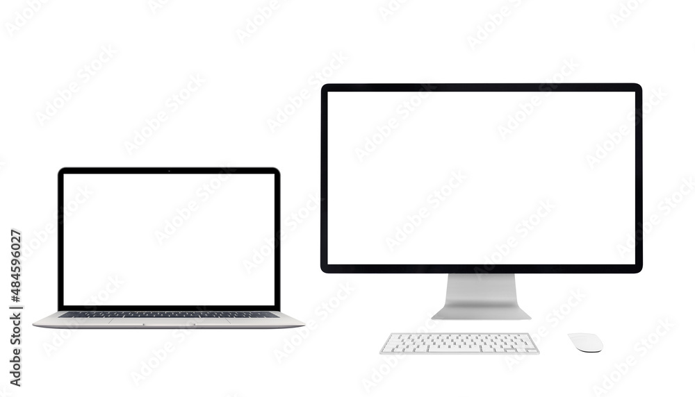 Laptop and computer display isolated in white with blank screen for mockupp, design promotion Laptop and computer display isolated in white with blank screen for mockupp, design promotion