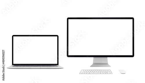 Laptop and computer display isolated in white with blank screen for mockupp, design promotion