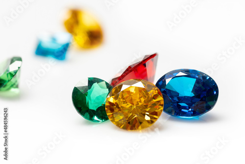 Jewel or gems on white background, Collection of many different natural gemstones photo