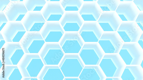 Abstract white hexagon shapes on light blue background,geometric honeycomb background,3d rendering