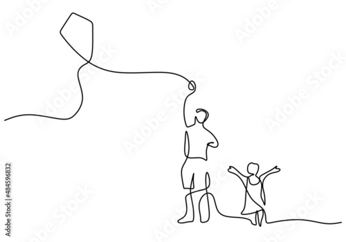 One continuous single line of dad and son playing kite isolated on white background.