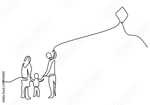 One continuous single line of dad, mom and son playing kite isolated on white background.
