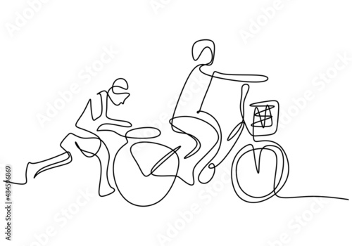 One continuous single line of brother and sister playing bicycle isolated on white background.