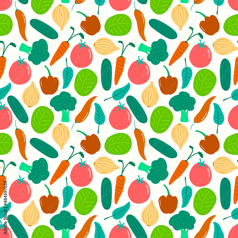 Seamless pattern of vegetable with Tomato, Broccoli, Onion, Cucumber, Cabbage, Red Chilli, Paprika, Carrot, Spinach isolated on white background.