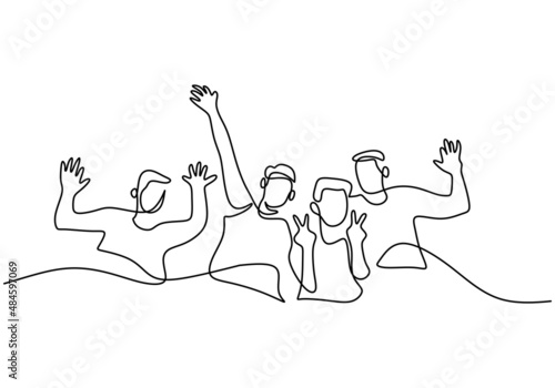 One continuous single line of happy boy friend member group isolated on white background.