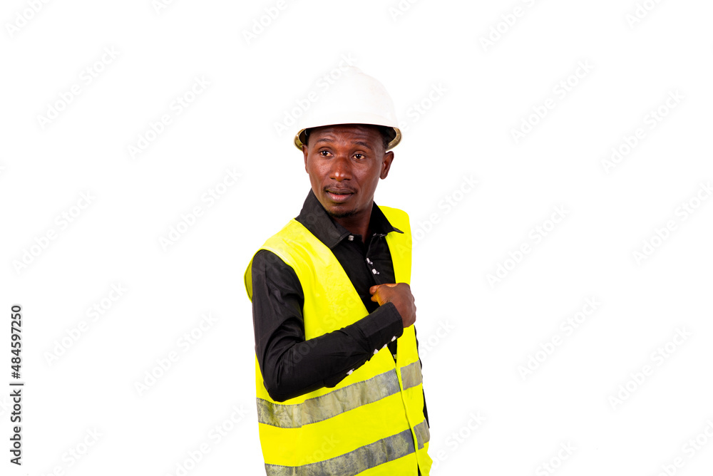 young man engineer pointing index finger at himself. young man engineer pointing index finger at himself.