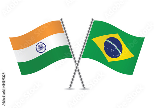 India and Brazil flags. Indian and Brazilian flags, isolated on white background. Vector icon set. Vector illustration. 