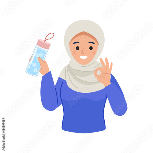 Woman holding a bottle of mineral water to campaign for drinking more water. Flat vector cartoon design