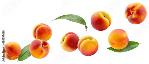 Flying peach isolated on the white background. Peach half and slice. Fresh fruits isolated on white background