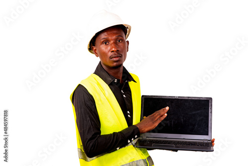 portrait of a construction engineer holding laptop.