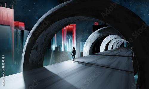Woman standing in subway tunnel looking to modern abstract city with lights and night sky. Transportation, fantasy concept, 3D illustration