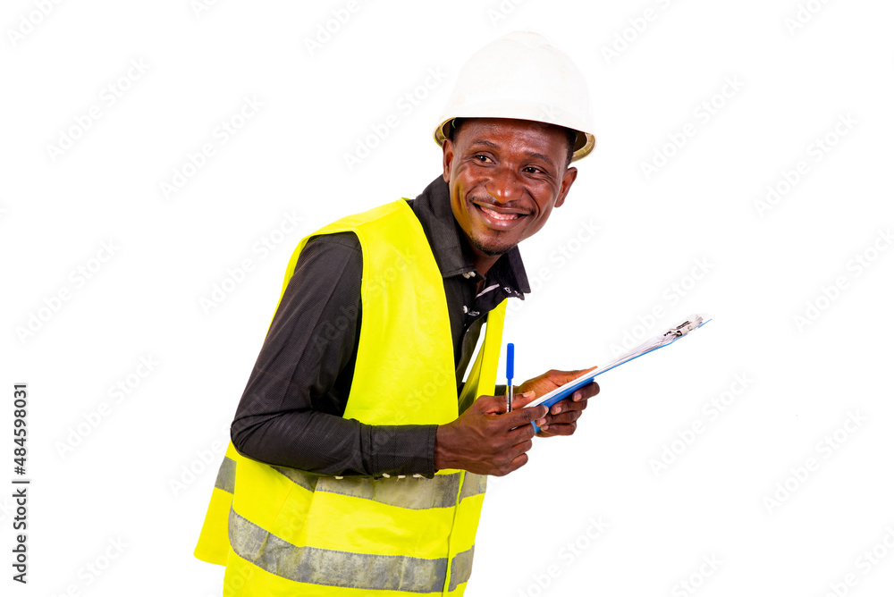 young man inspector architect is holding clipboard and pen smiling. young man inspector architect is holding clipboard and pen smiling.
