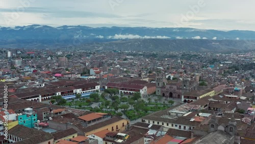Aerial view Ayacucho Peru. The central square of the city with a church and buildings in the colonial style and a monument. photo