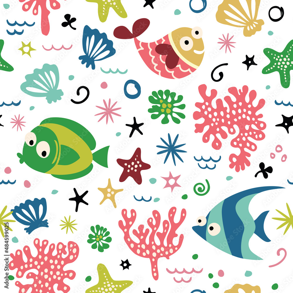 Seamless pattern with exotic cartoon fish.