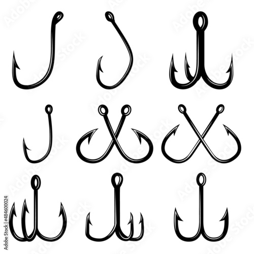 Set of illustrations of fishing hooks. Design element for poster, card, banner,emblem, sign. Vector illustration