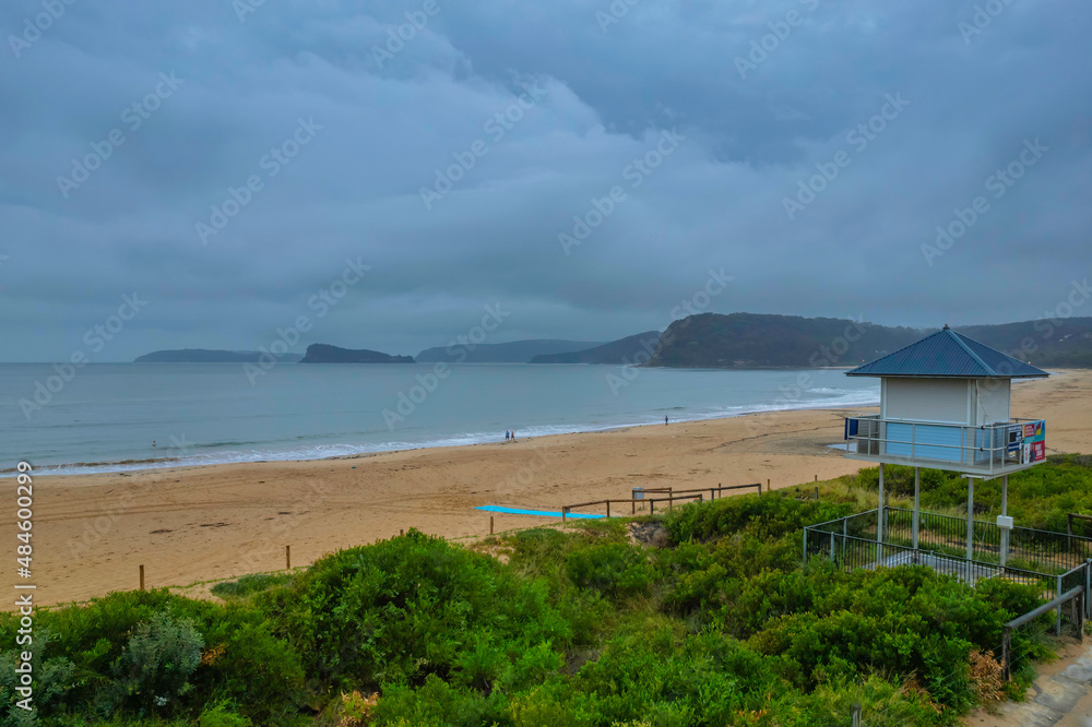 Aerial sunrise seascape with overcast sky and rain clouds Aerial sunrise seascape with overcast sky and rain clouds
