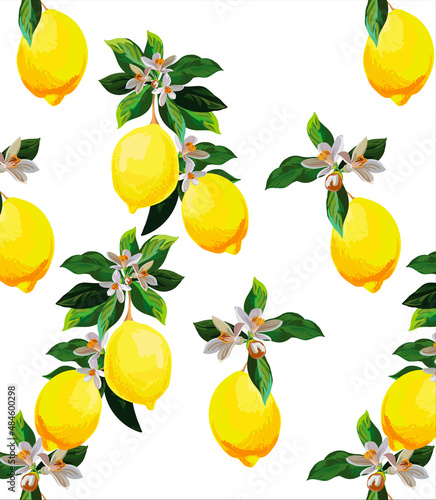 Tropical vector seamless background. Yellow pattern with exotic flowers, and fruits. Stock wallpaper. Jungle vector vintage print. Lemon citrus vector pattern. 