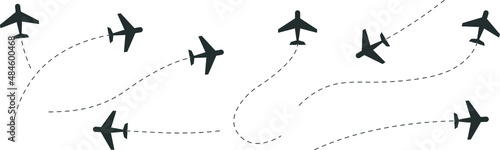 Airplane silhouette. Flight path line. Airplane icon.