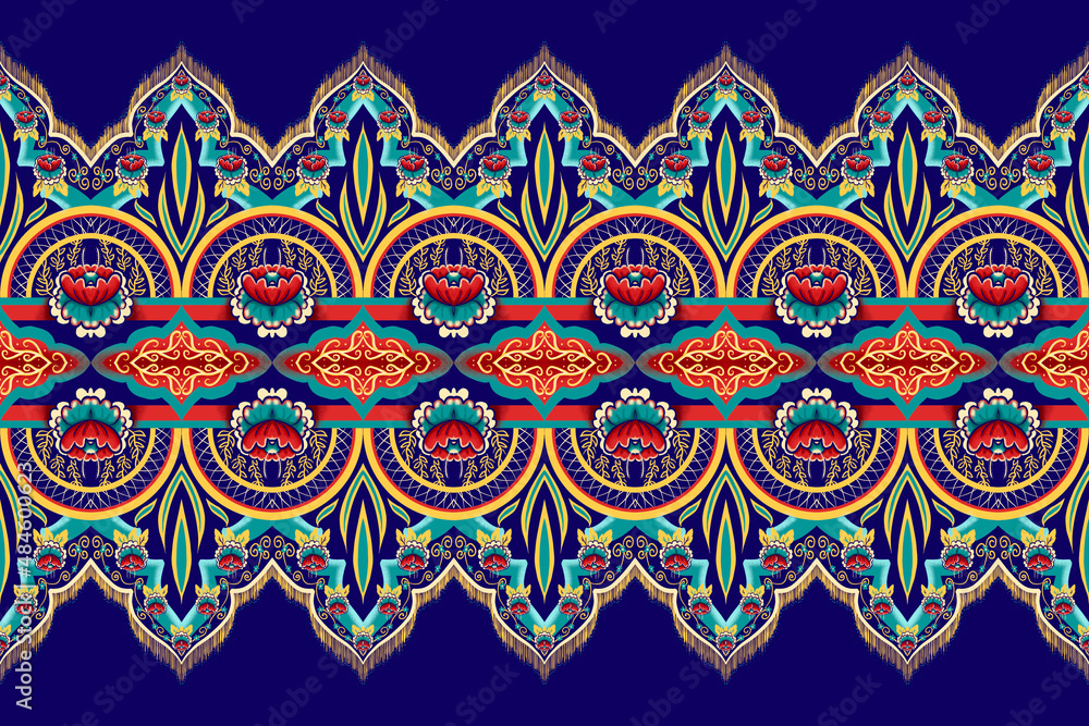 Red Green Flower on Navy Blue. Geometric ethnic oriental pattern traditional Design for background,carpet,wallpaper,clothing,wrapping,Batik,fabric, illustration embroidery style Red Green Flower on Navy Blue. Geometric ethnic oriental pattern traditional Design for background,carpet,wallpaper,clothing,wrapping,Batik,fabric, illustration embroidery style