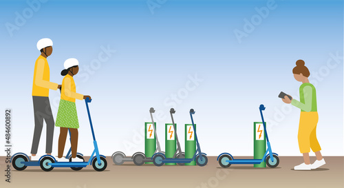 Electric scooters charging station. Sharing and renting  with mobile app for urban transports.