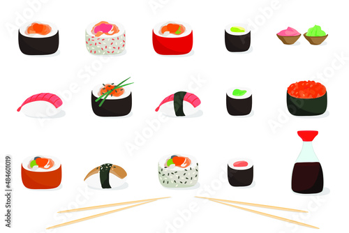 Japan food - vector illustrations set. Sushi icons. Colorful sushi set of different types of chopsticks and bowls with wasabi soy ginger isolated.