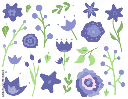 Set of veri peri flowers, blossom and green leaves. Spring Eastern bouquet of flowers and leaves. Soft background, textile, packaging. Flat vector illustration. Trendy color 2022