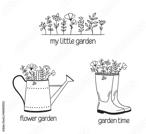 Set of hand drawn compositions with watering can, rubber boots and flowers. Gardening, flower shop, landscape design, farming concepts, icons, logo