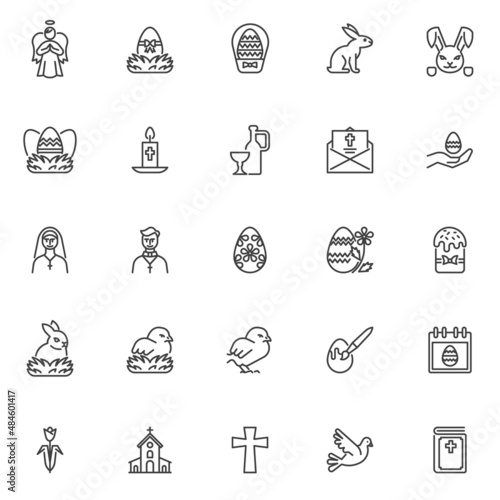 Happy Easter line icons set