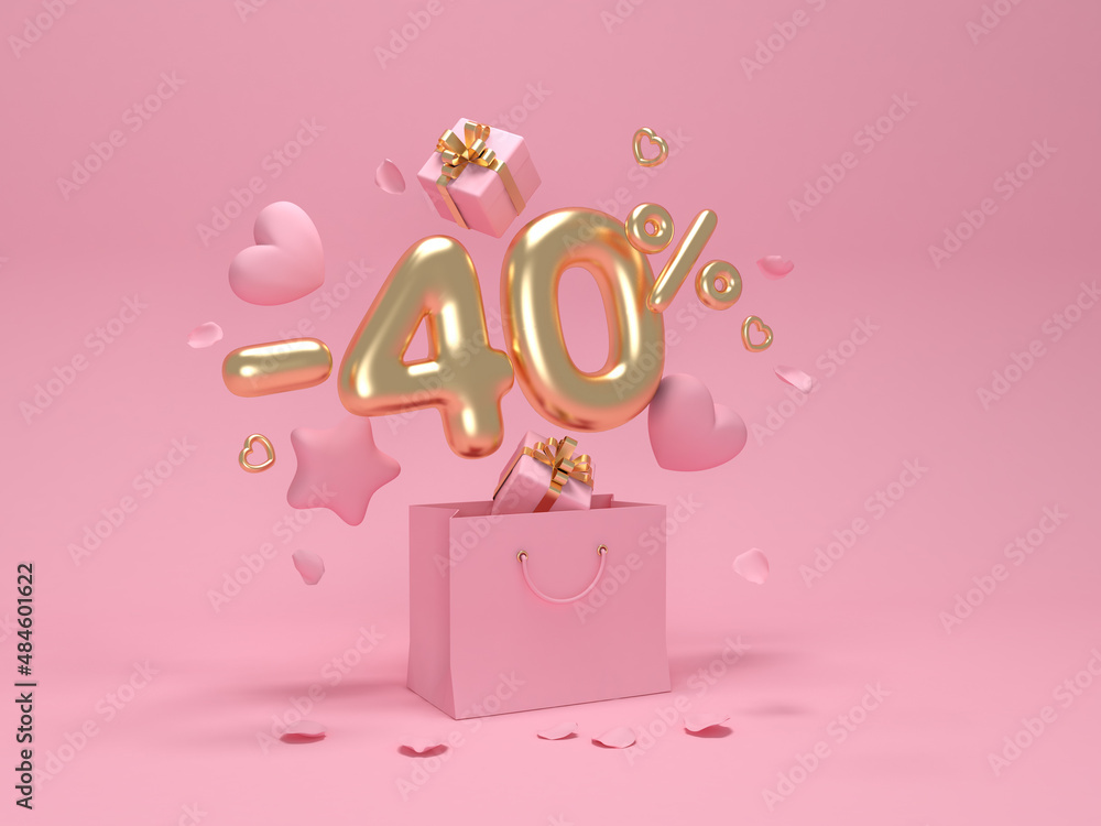Happy Valentine's Day. Discount -40%. Hearts and stars fly out of the package. 3D rendering. Happy Valentine's Day. Discount -40%. Hearts and stars fly out of the package. 3D rendering.