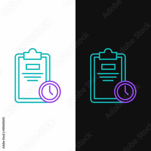 Line Exam sheet with clock icon isolated on white and black background. Test paper, exam, or survey concept. School test or exam. Colorful outline concept. Vector