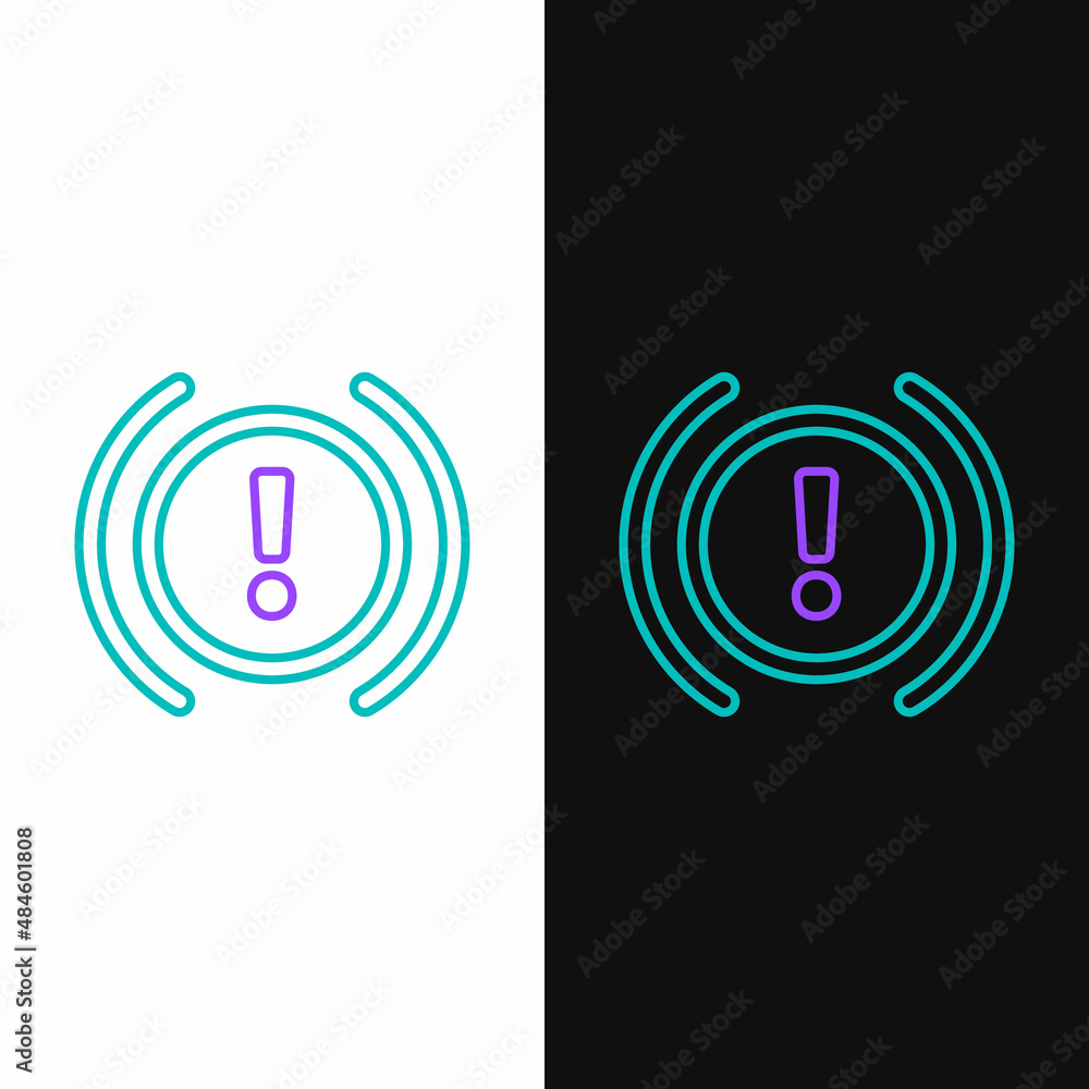 Line Brake system warning icon isolated on white and black background. Exclamation mark in the