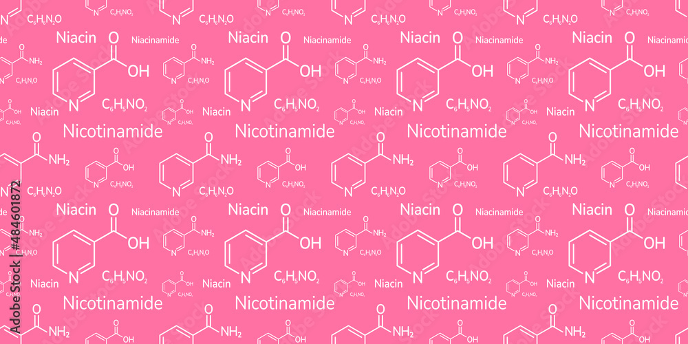 Niacinamide and niacin vector illustration. Nicotinamide and nicotinic acid background. Vitamin B3 seamless pattern. molecular formula wallpaper for cosmetics, cosmetology products, beauty business. Niacinamide and niacin vector illustration. Nicotinamide and nicotinic acid background. Vitamin B3 seamless pattern. molecular formula wallpaper for cosmetics, cosmetology products, beauty business.