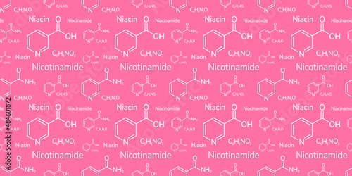Niacinamide and niacin vector illustration. Nicotinamide and nicotinic acid background. Vitamin B3 seamless pattern. molecular formula wallpaper for cosmetics, cosmetology products, beauty business.