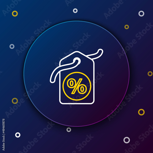 Line Discount percent tag icon isolated on blue background. Shopping tag sign. Special offer sign. Discount coupons symbol. Colorful outline concept. Vector