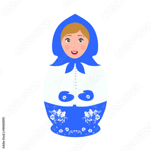 Russian traditional doll in gzhel style. Vector illustration. Russian traditional toy. White and blue colours