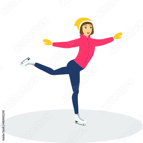 Vector illustration of a slender girl in a red jacket and yellow hat skates in winter. Winter sport. Happy new Year. Winter outdoor activity. 
