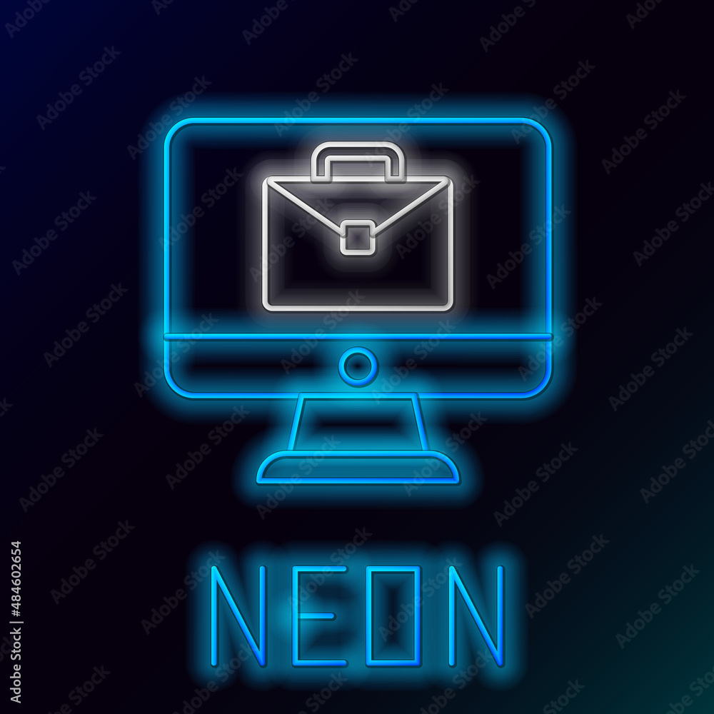 Glowing neon line Online working icon isolated on black background. Freelancer man working on laptop at his house. Remote work. Distant job concept. Colorful outline concept. Vector Glowing neon line Online working icon isolated on black background. Freelancer man working on laptop at his house. Remote work. Distant job concept. Colorful outline concept. Vector