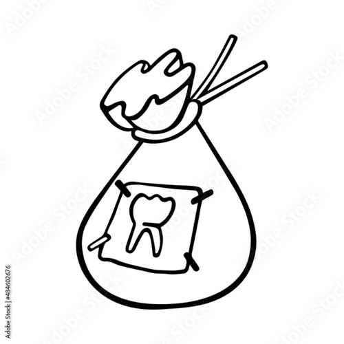 A bag of teeth. A textile bag tied with a rope, decorated with a patch with the image of a molar filled with baby teeth. Hand-drawn vector illustration, in the style of a doodle, for the Halloween.