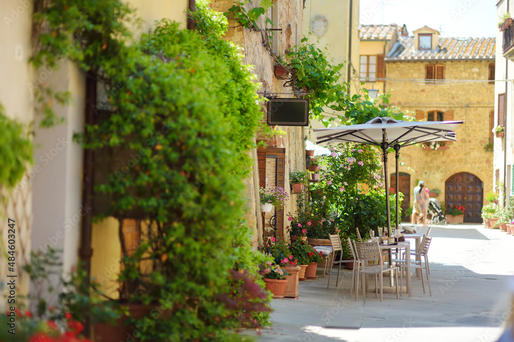 Fototapeta premium Narrow street of Pienza, a village located in the beautiful Tuscany valley, known as the 'ideal city of the Renaissance' and a 'capital' of pecorino cheese. UNESCO World Heritage Site.