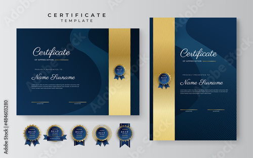 Certificate of appreciation template, gold and blue color. Clean modern certificate with gold badge. Certificate border template with luxury and modern line pattern. Diploma vector template