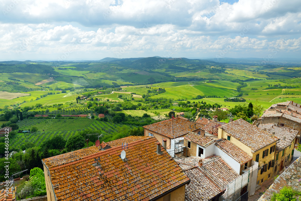 Green hills and pastures of Tuscany and rooftops of Montepulciano town, located on top of a limestone ridge surrounded by vineyards. Tuscany, Italy.