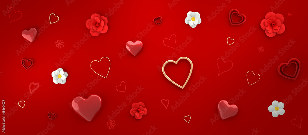 Festive banner with red and gold hearts for Valentine's Day. 3D Render Festive banner with red and gold hearts for Valentine's Day. 3D Render