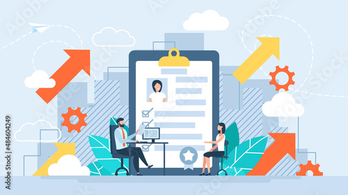 The concept of hiring, interview. Tiny people checking application form for employment. Checking the resume for hiring. Casting for the workplace. Search for employees, job search. Vector illustration