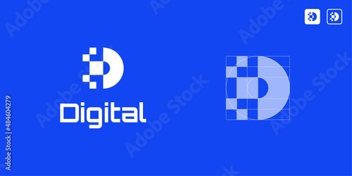 Initial Letter D Digital Technology Connection Connect Simple Vector Logo Design with Business Card