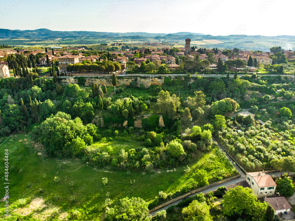 Aerial view of Pienza, a village located in the beautiful Tuscany valley, known as the 'ideal city of the Renaissance' and a 'capital' of pecorino cheese. UNESCO World Heritage Site.