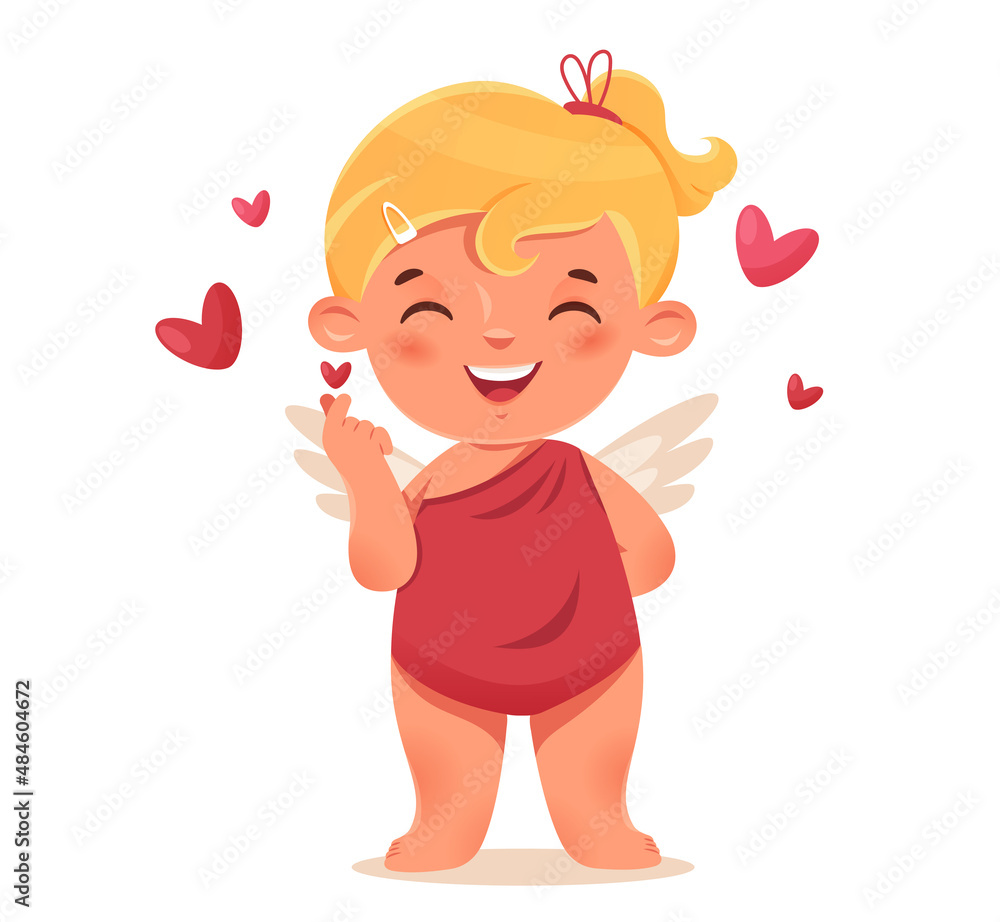 Funny cupid, little angels or amur. Cupid shows finger heart gesture. Romantic flat character. Funny cupid, little angels or amur. Cupid shows finger heart gesture. Romantic flat character.