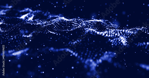 Abstract dynamic wave of blue dots on dark background. Big data visualization 3D. Digital landscape with flowing particles. 3d rendering.
