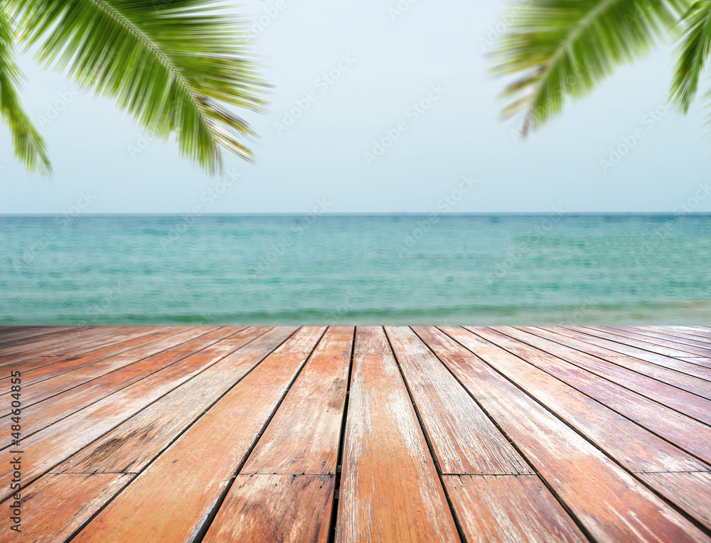 Empty wood table with blur oean outdoor background bokeh seascape Empty wood table with blur oean outdoor background bokeh seascape